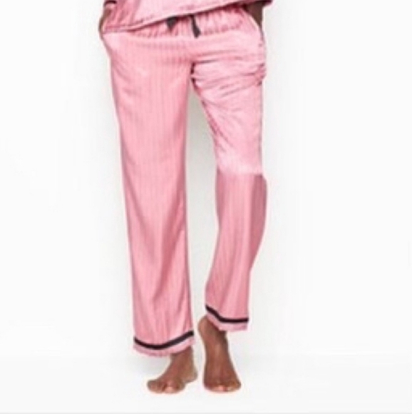 VS Satin Long Sleeve Button Up Pajama Set Black V Embroidery & Pink Pinstripe - Picture 7 of 10